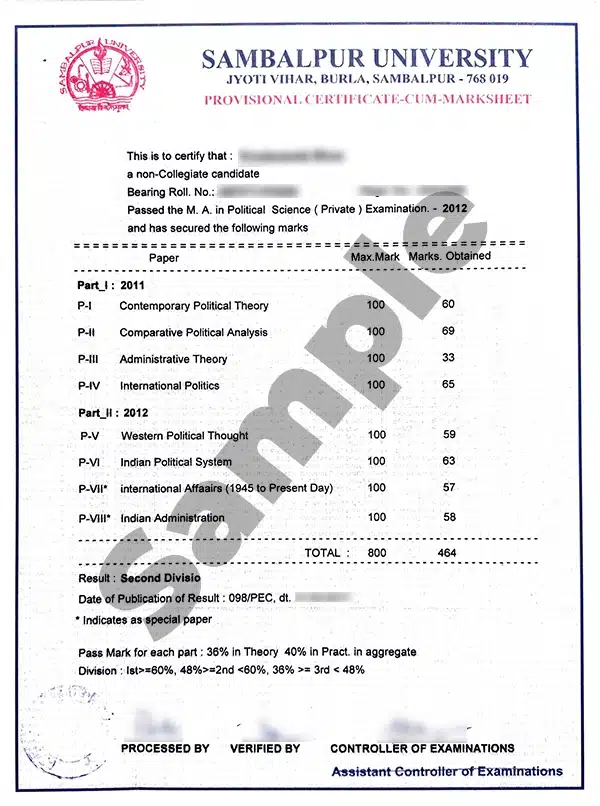Sambalpur University provisional marksheet process